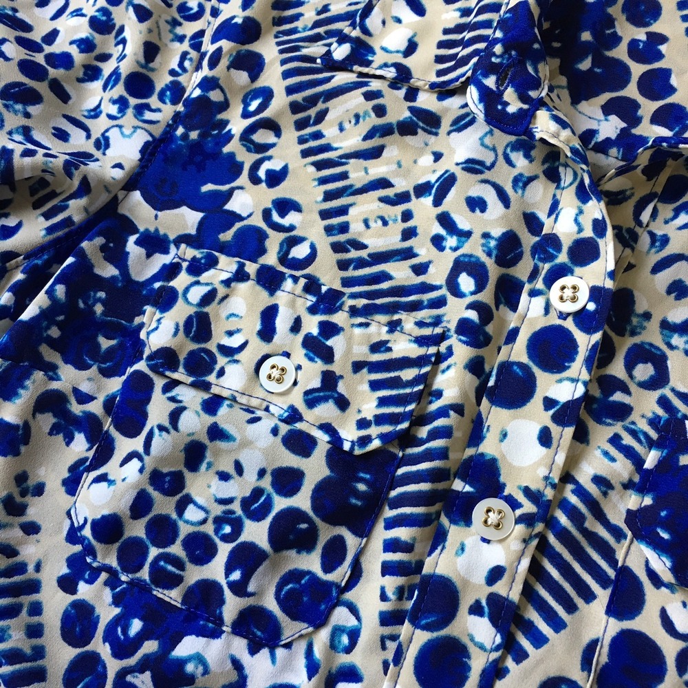 Cabi Blue Jewel Print Shirt Dress Women S 4 6 Button Up #422 Roll Tab Sleeve - Picture 7 of 10